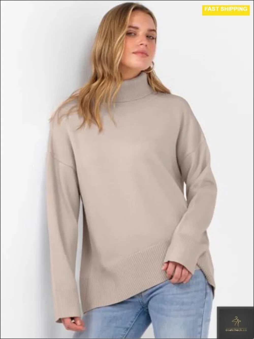 Oversized Chunky Knit Turtleneck Sweater High Low Hem Pullover